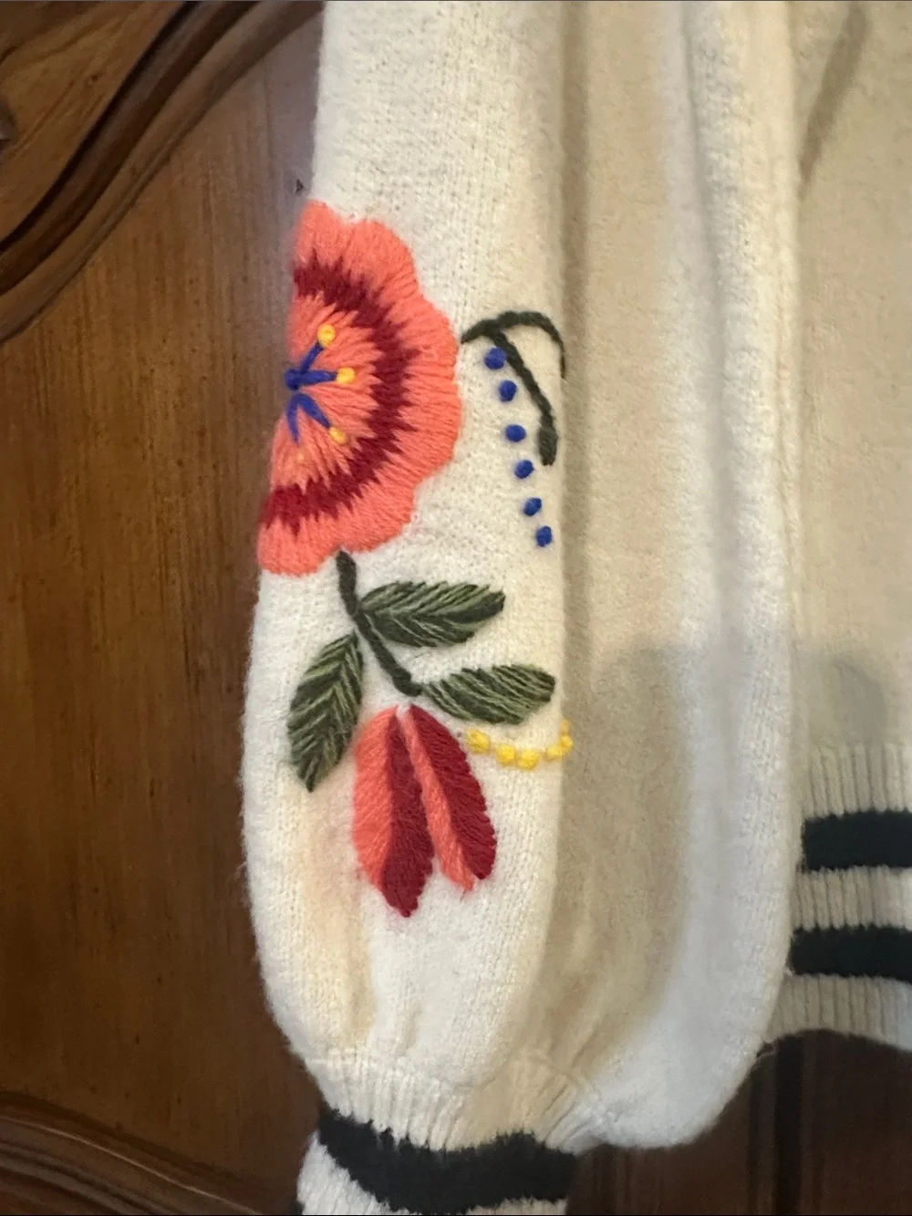 Embroidered  Floral  Oversized Cream Sweater W/ Black Stripes Puffer longsleeves